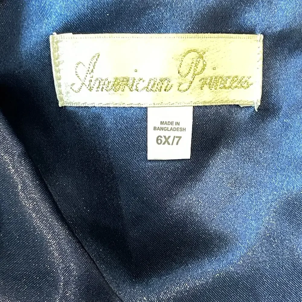 American Princess Girls Navy Gold Lace Dress Pearl Waist Bow Size 6X 7 Formal